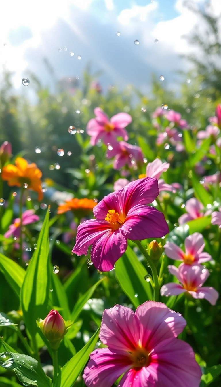 Free Spring Rain Garden iPhone Well-Lit Wallpaper